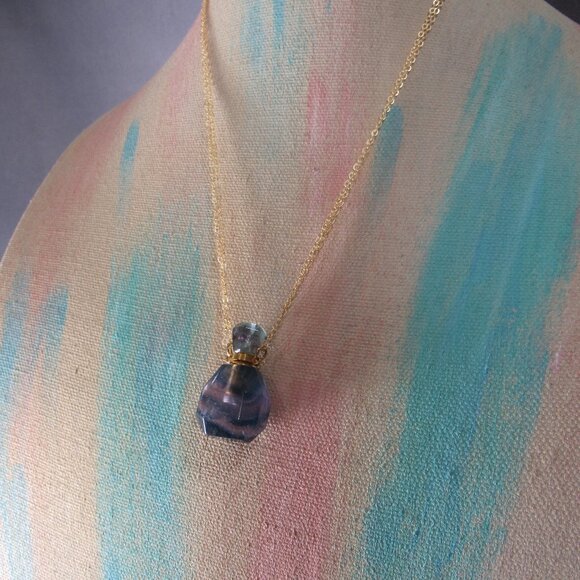 Gemstone Perfume Bottle, Rainbow Fluorite and Brass - Picture 4 of 6